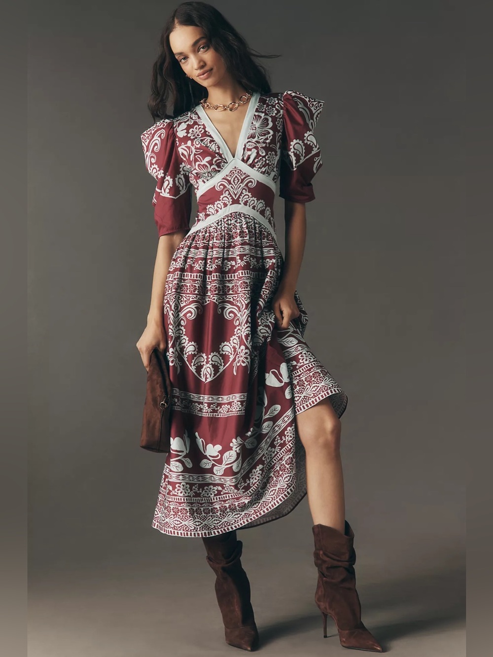 Farm Rio x Anthropologie Printed V-Neck Puff-Sleeve Maxi Dress size L
